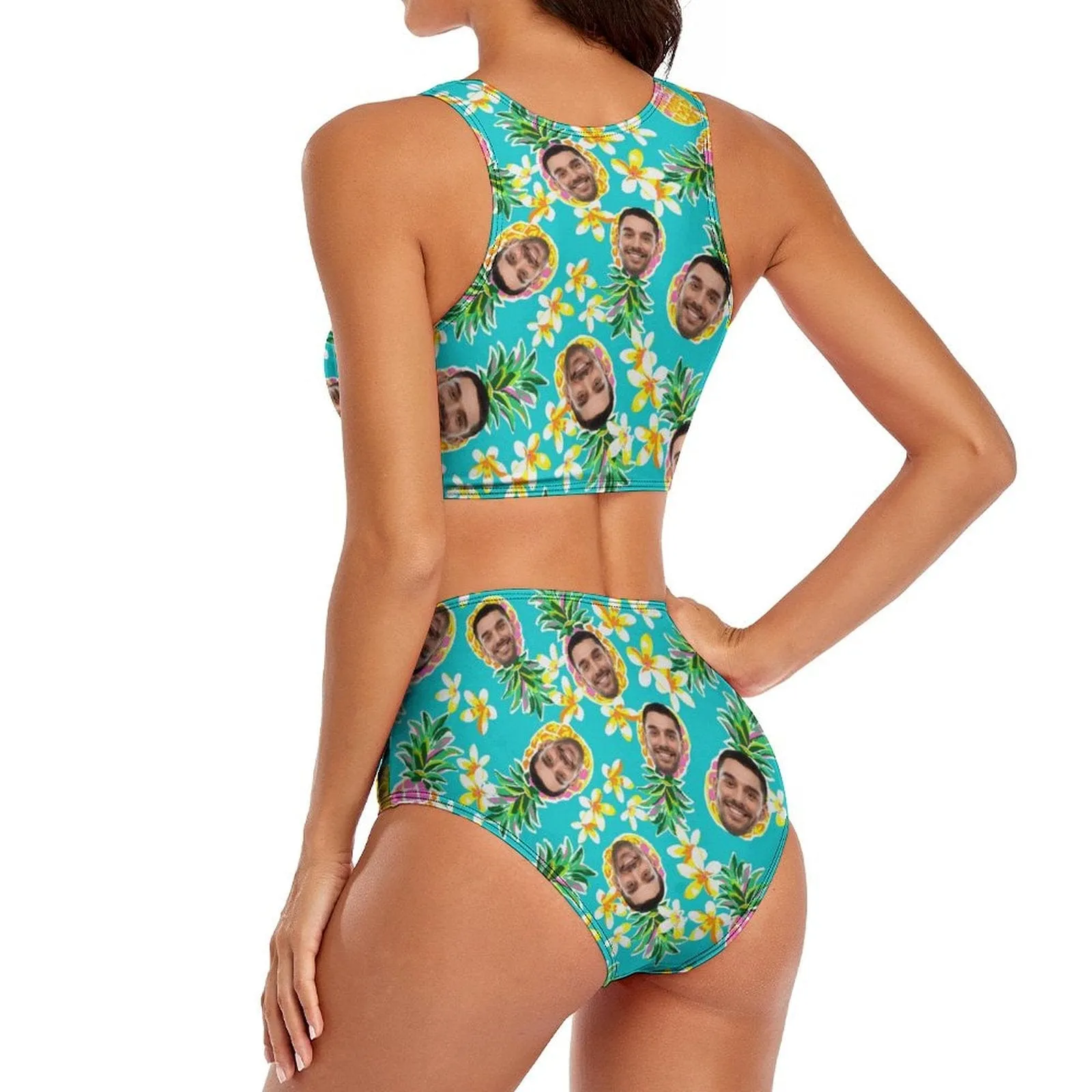 Custom Face Pineapple Cutout Top High Waisted Bikini Personalized Women's Two Piece Swimsuit Beach Outfits