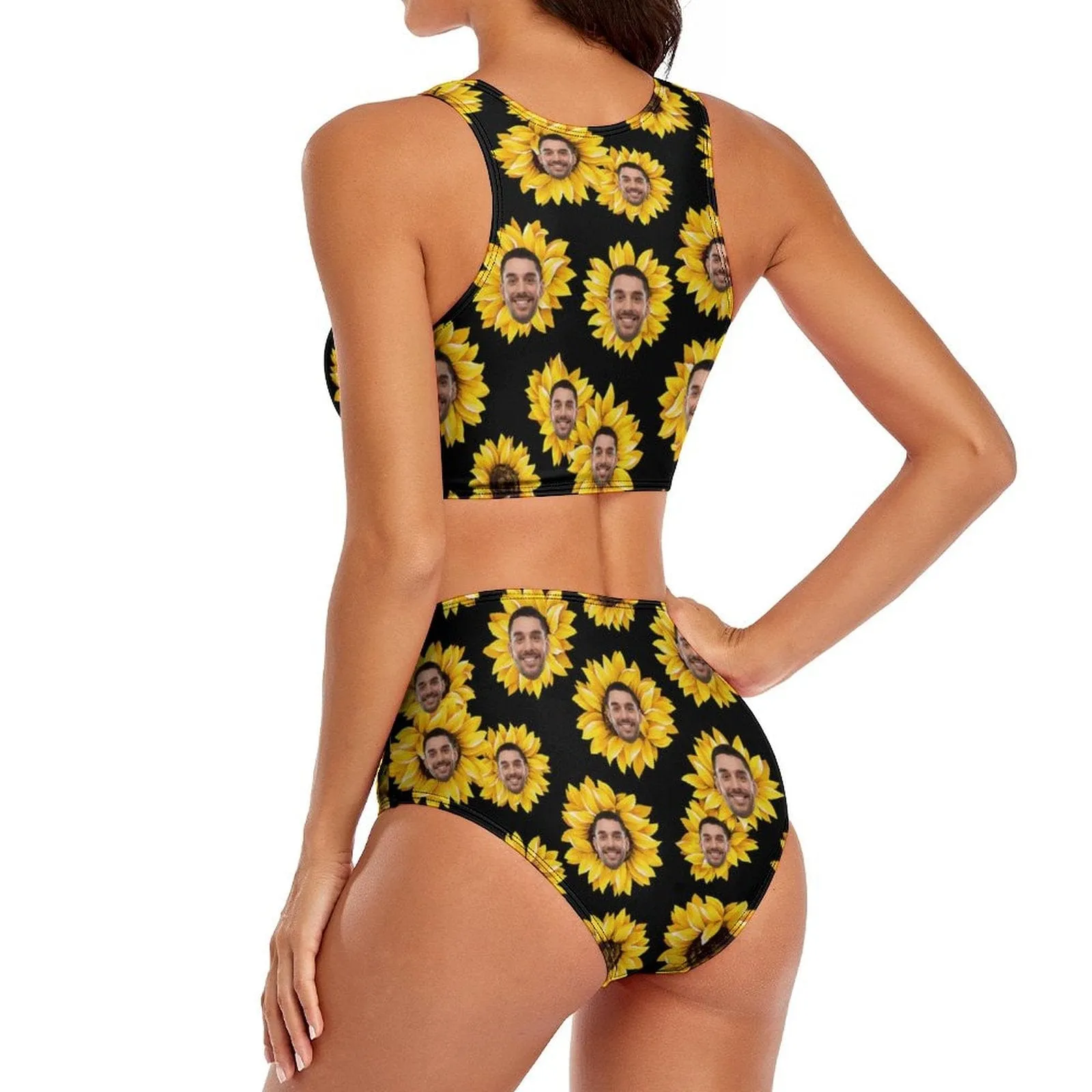 Custom Face Sunflower Cutout Top High Waisted Bikini Personalized Women's Two Piece Swimsuit Beach Outfits