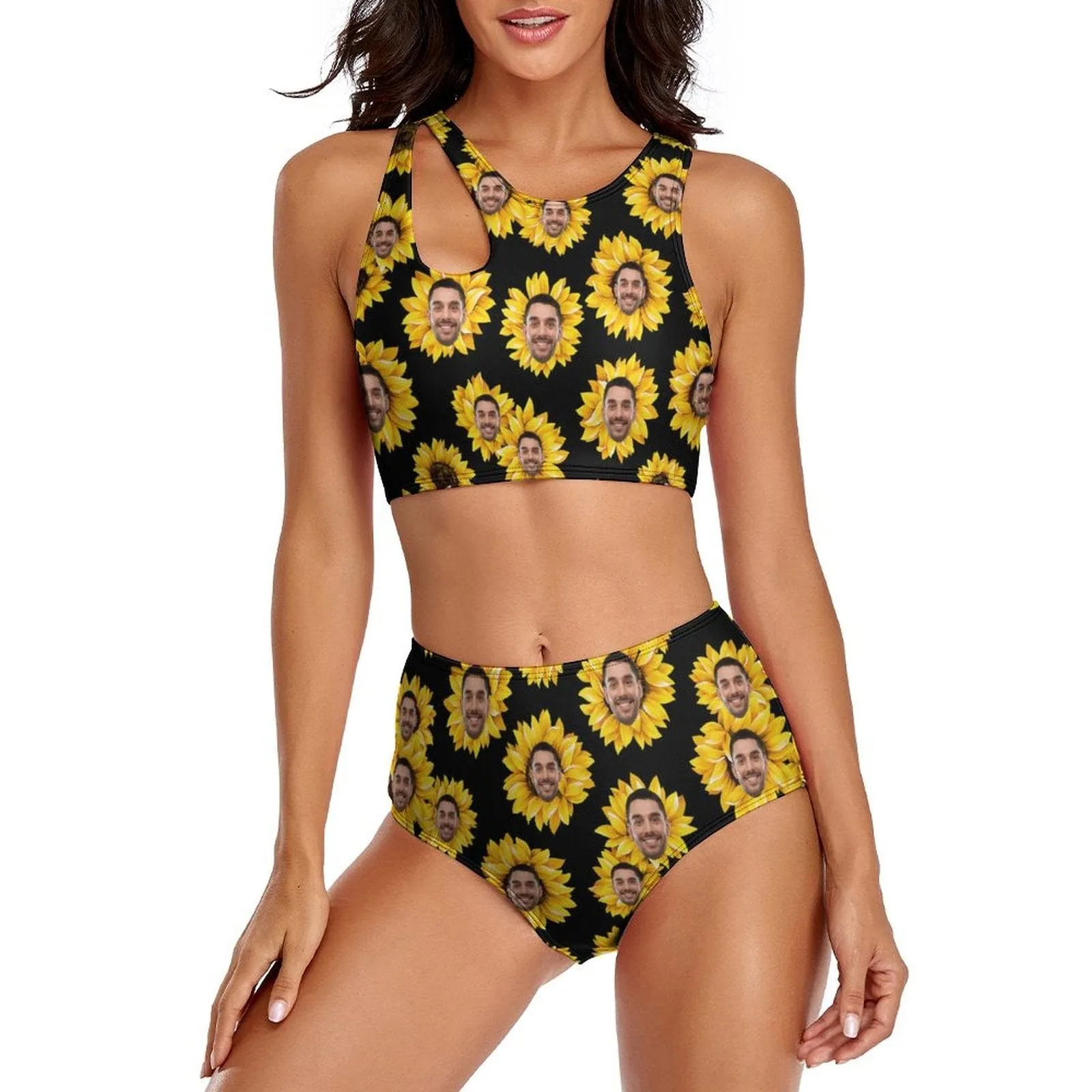 Custom Face Sunflower Cutout Top High Waisted Bikini Personalized Women's Two Piece Swimsuit Beach Outfits