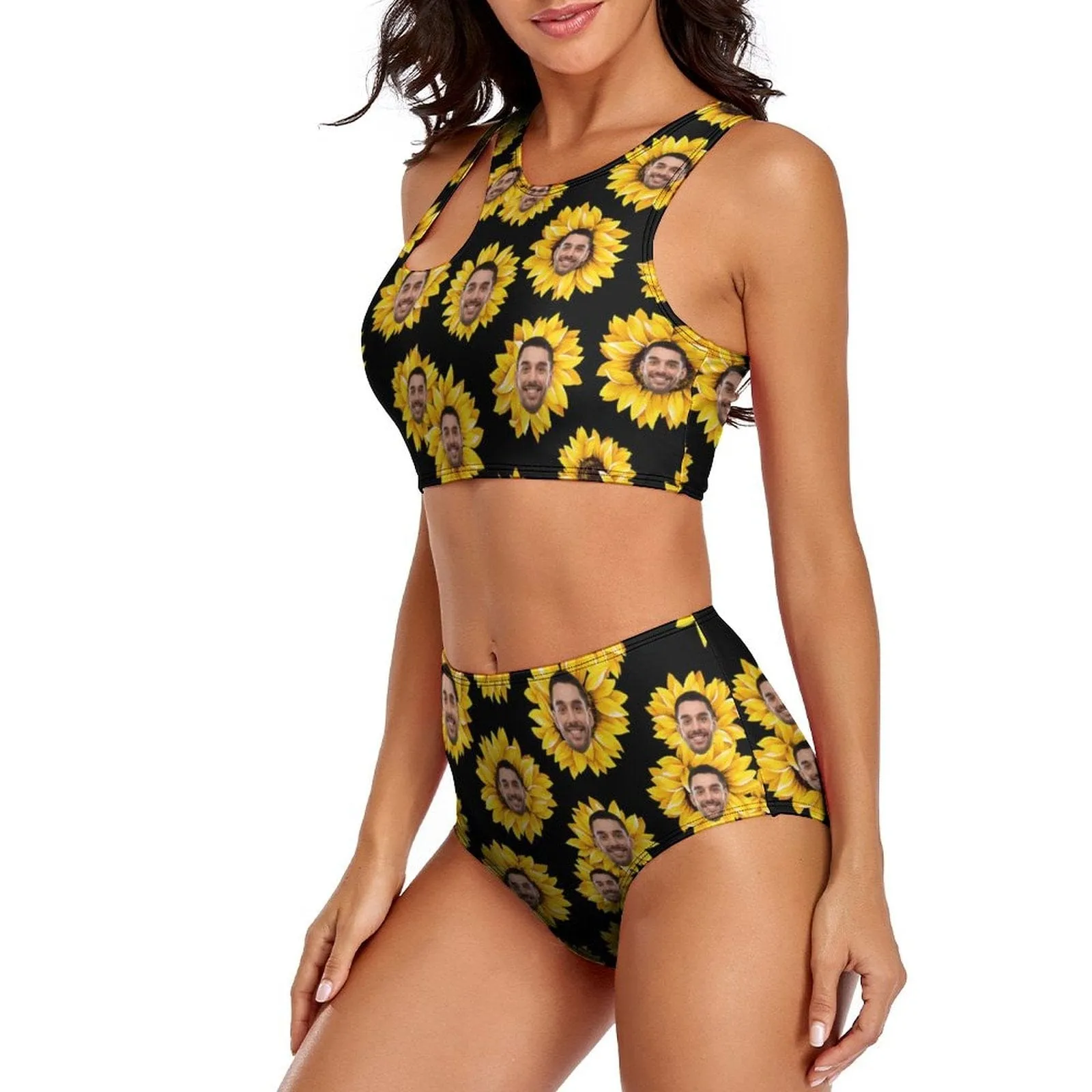 Custom Face Sunflower Cutout Top High Waisted Bikini Personalized Women's Two Piece Swimsuit Beach Outfits