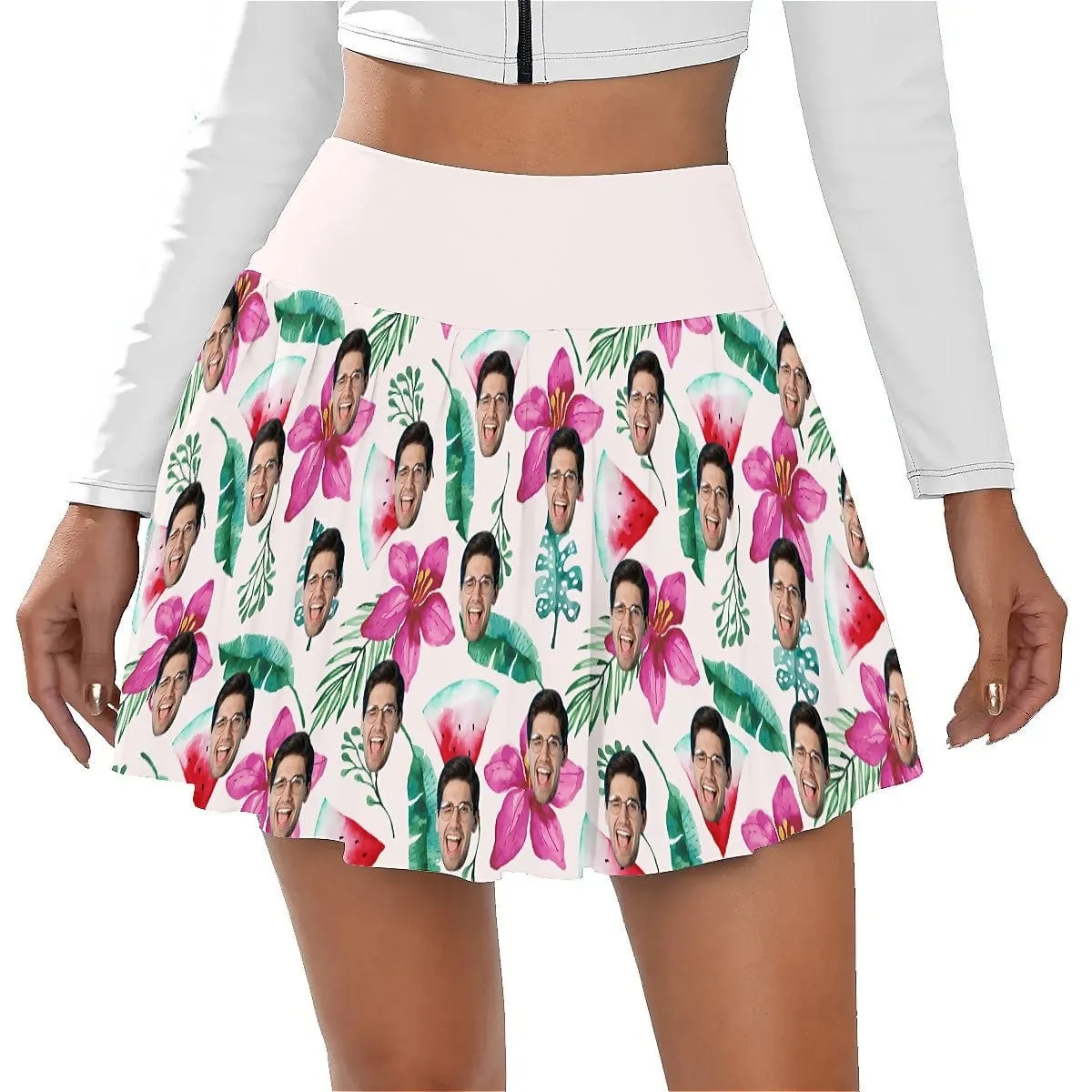 Custom Face Watermelon White Bikini Top&Bottom Women's Swim Skirt With Bottom Long Sleeve Zip Top