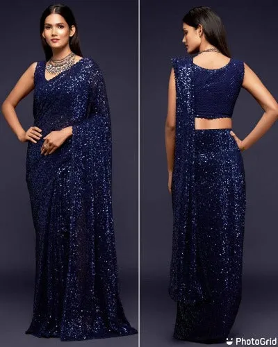 Dark Electric Blue Georgette Sequence Work Partywear Saree