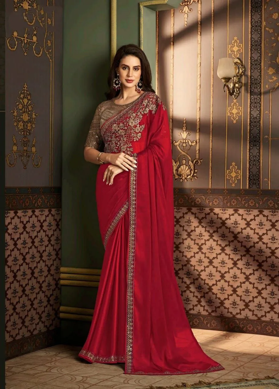 Designer Party Wear Women's Saree Red