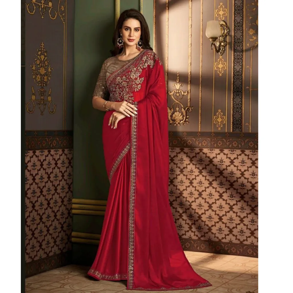 Designer Party Wear Women's Saree Red