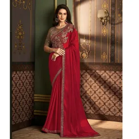 Designer Party Wear Women's Saree Red