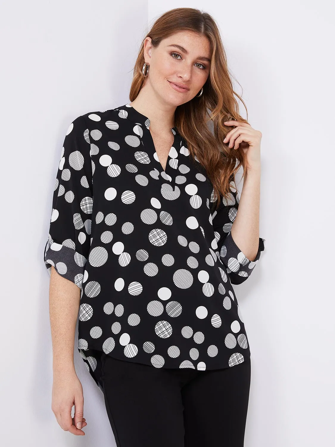 Dot Print Split Neck Blouse