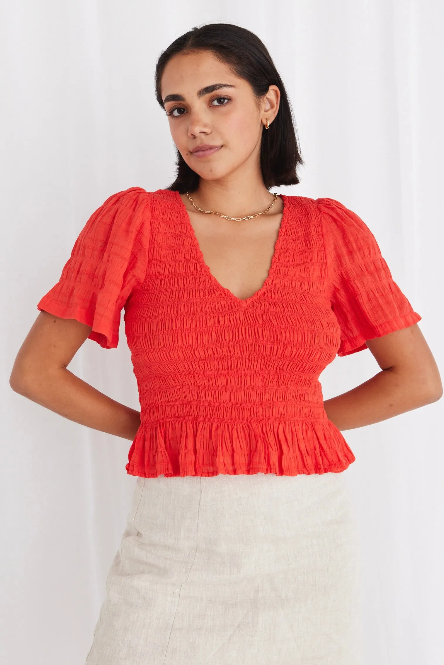 Dream Sunset Shirred Cotton V Neck SS Shirred Top