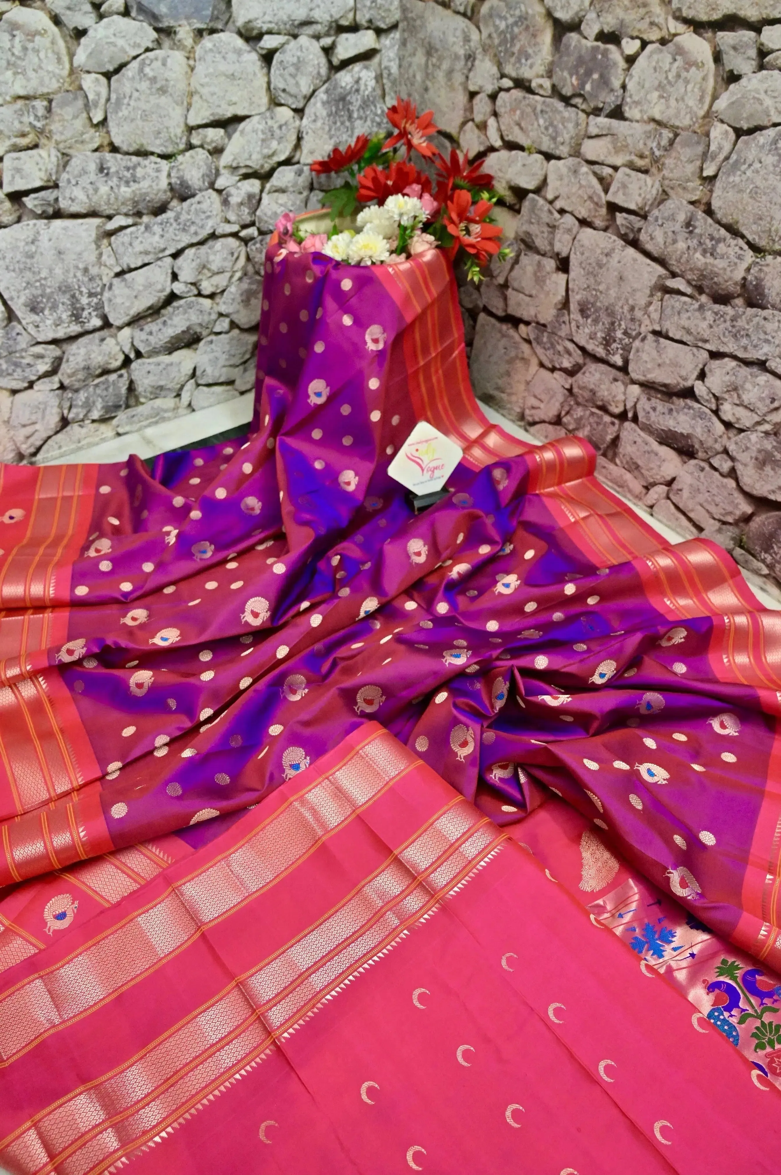 Dual Tone Magenta Purple Color Pure Paithani Saree with Golden Zari and Meenakari Work