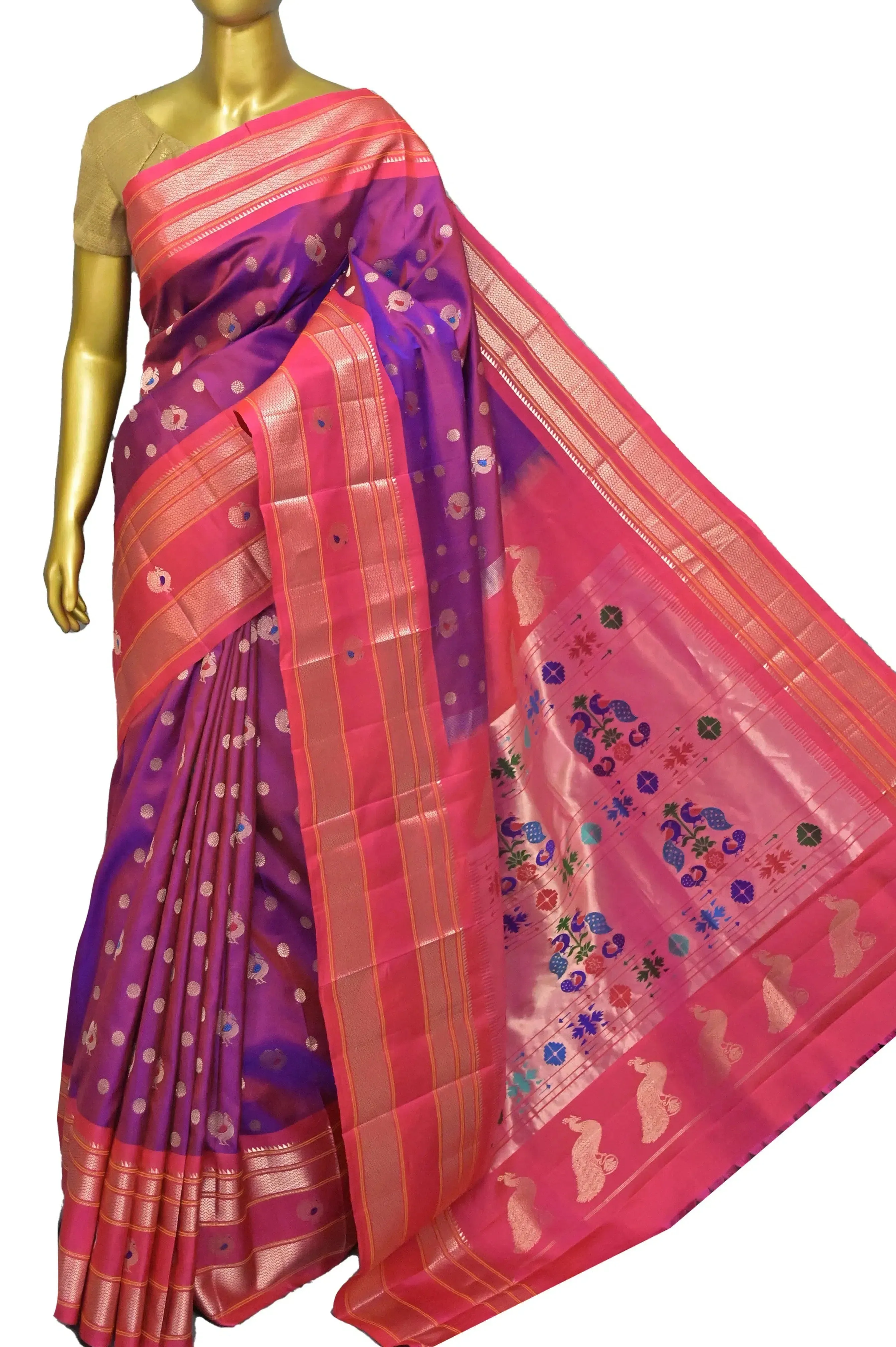 Dual Tone Magenta Purple Color Pure Paithani Saree with Golden Zari and Meenakari Work