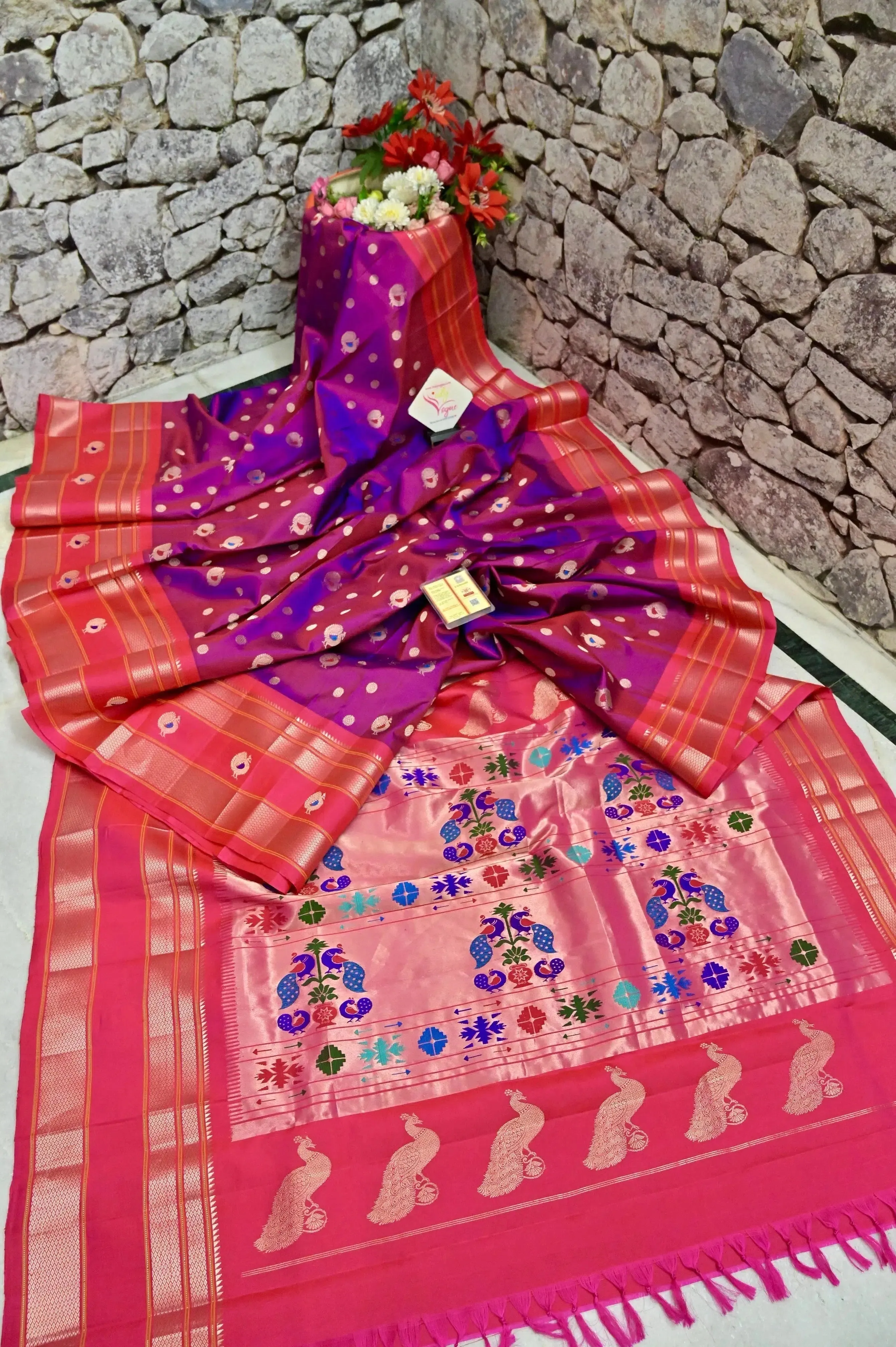 Dual Tone Magenta Purple Color Pure Paithani Saree with Golden Zari and Meenakari Work