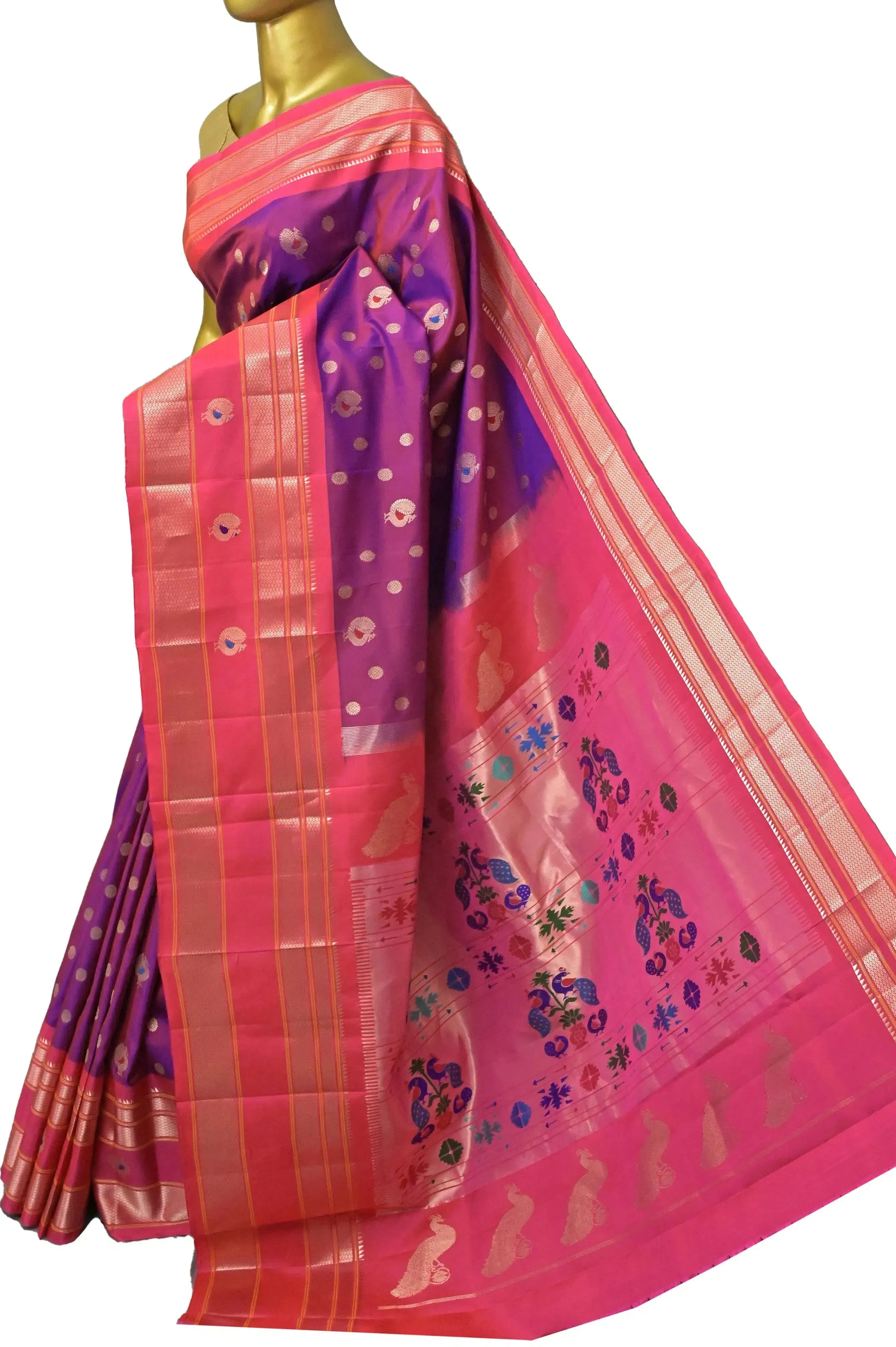 Dual Tone Magenta Purple Color Pure Paithani Saree with Golden Zari and Meenakari Work