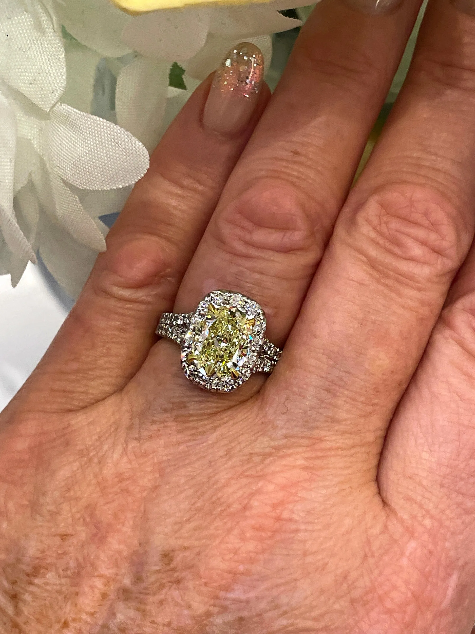 Estate “Canary” GIA 3.23ct Natural Fancy YELLOW VS1 Oval Diamond 18K Halo Ring