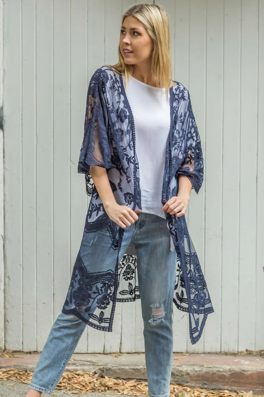 Fleetwood Lace Cape Kimono - Navy