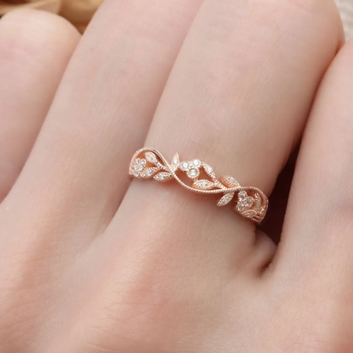 Floral Leaf Design Stack Diamond Fashion Ring - LR17