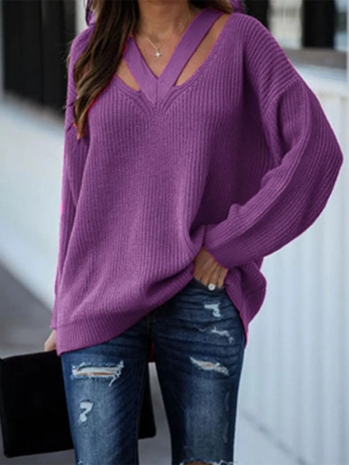 Full Size Cutout V-Neck Rib-Knit Sweater