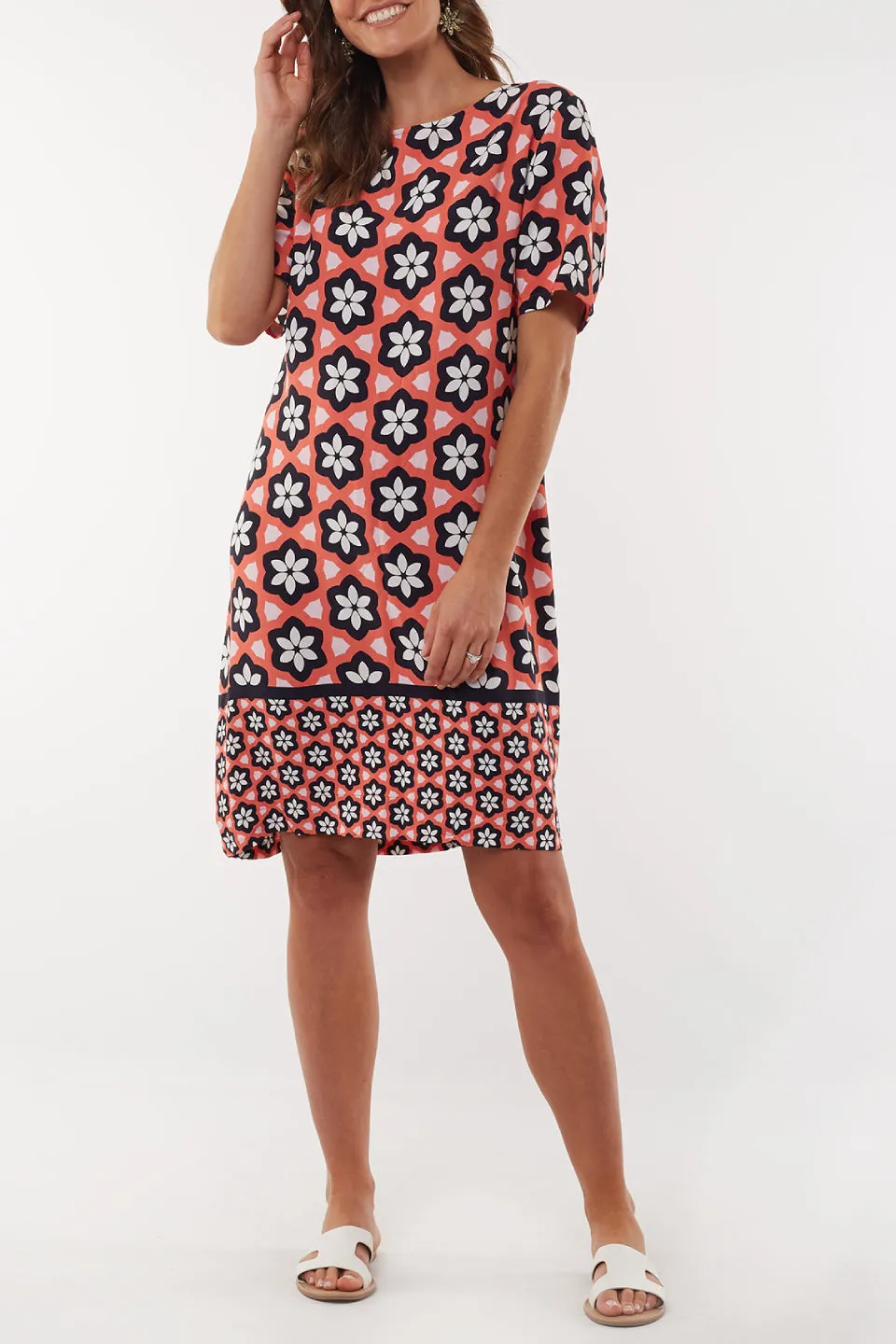 Geo Floral Orange Print Shift Dress