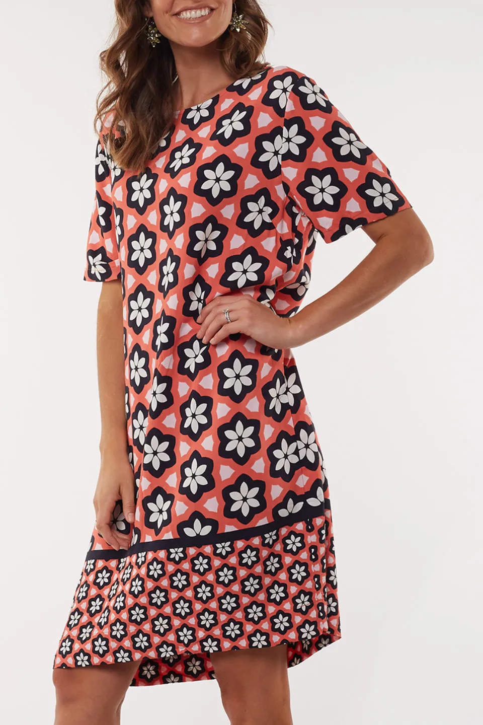 Geo Floral Orange Print Shift Dress