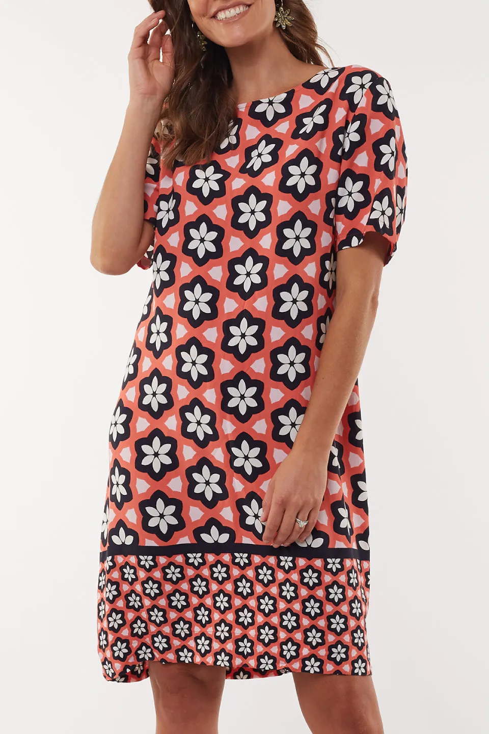 Geo Floral Orange Print Shift Dress