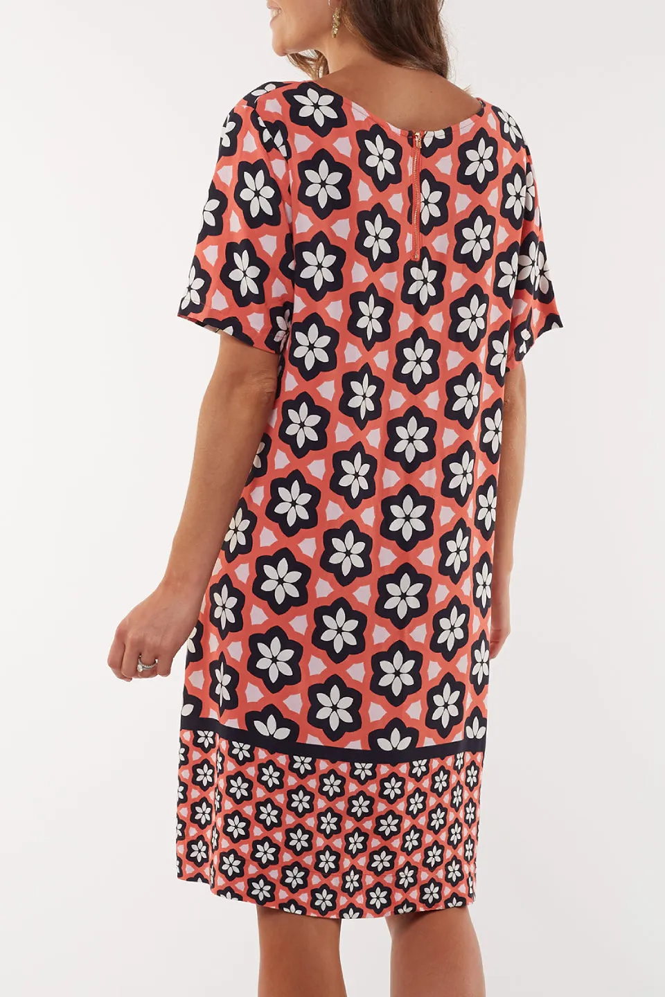 Geo Floral Orange Print Shift Dress