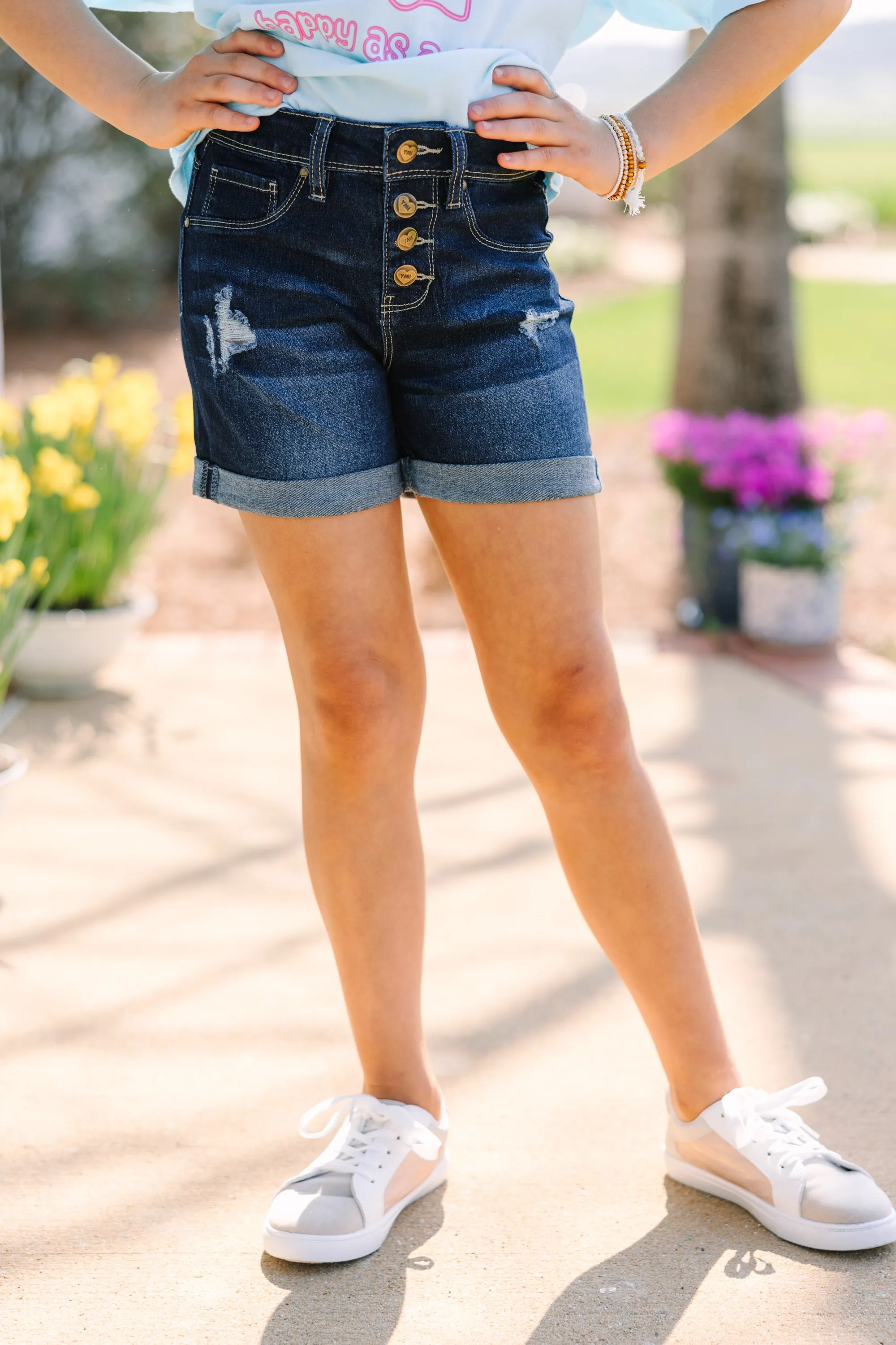 Girls: Summer Dreaming Dark Wash Distressed Shorts