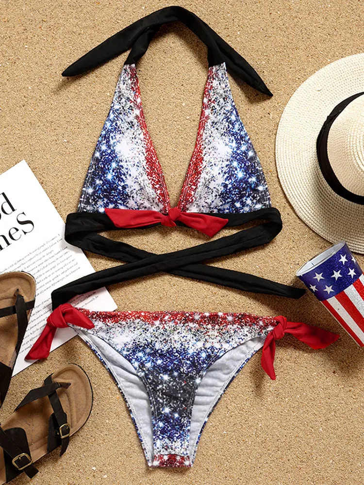 Glitzernder Neckholder-Bikini in Übergröße mit amerikanischer Flagge 