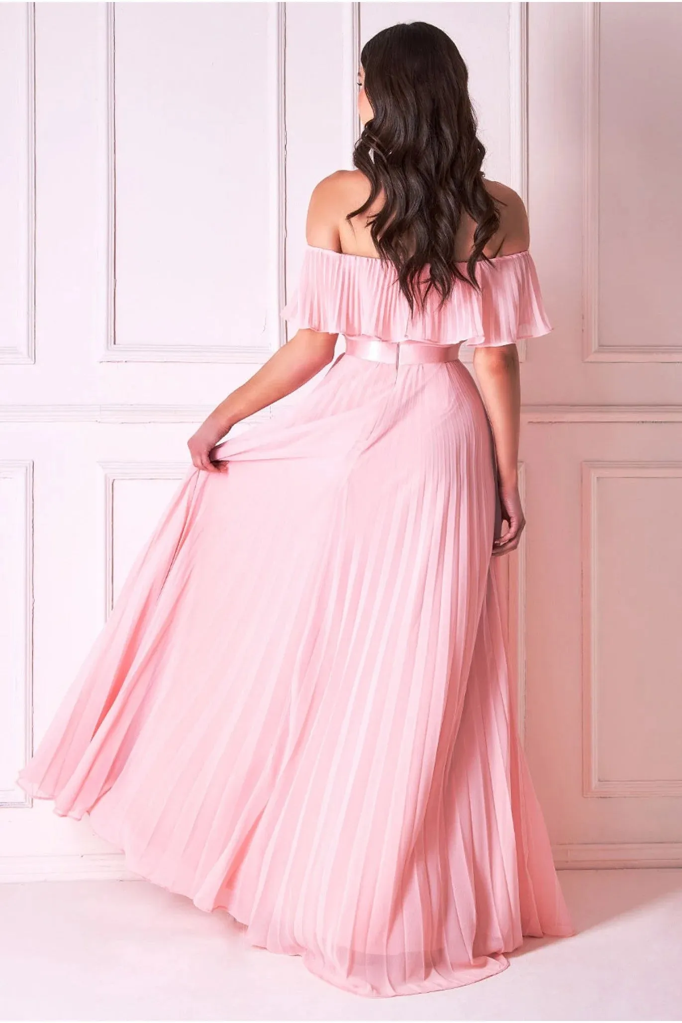 Goddiva Pleated Chiffon Off Shoulder Maxi Dress