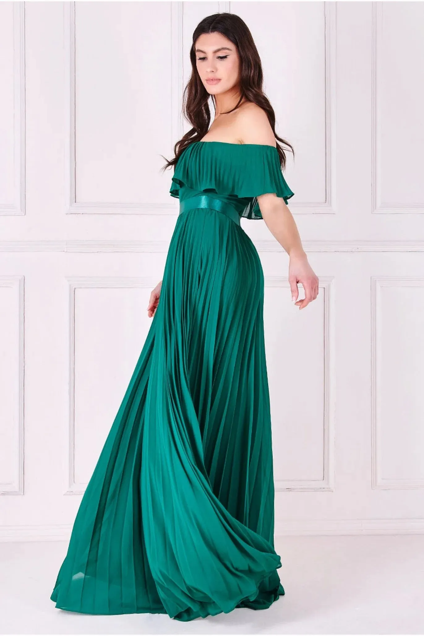 Goddiva Pleated Chiffon Off Shoulder Maxi Dress