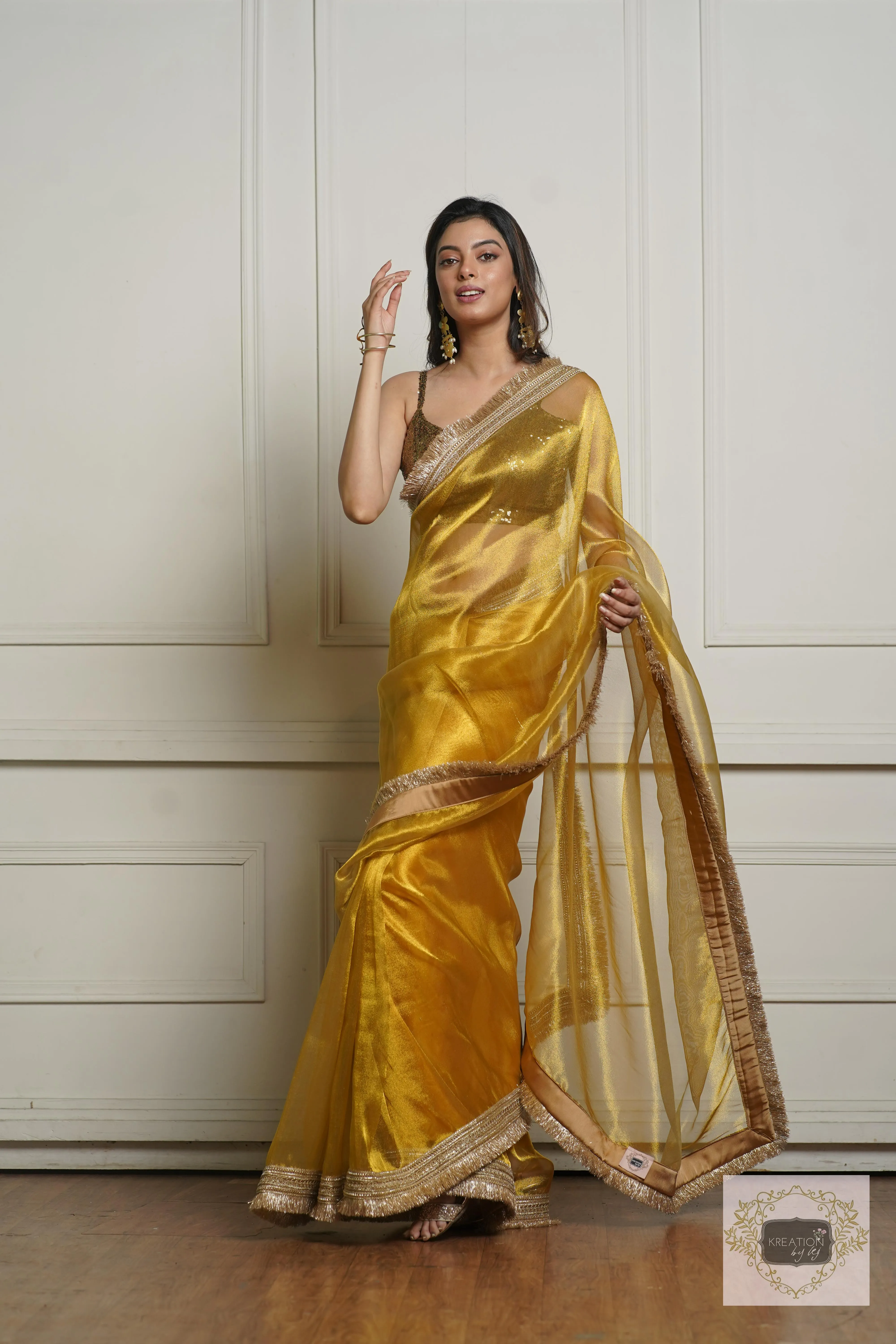 Golden Yellow Zari Tissue Banno Saree