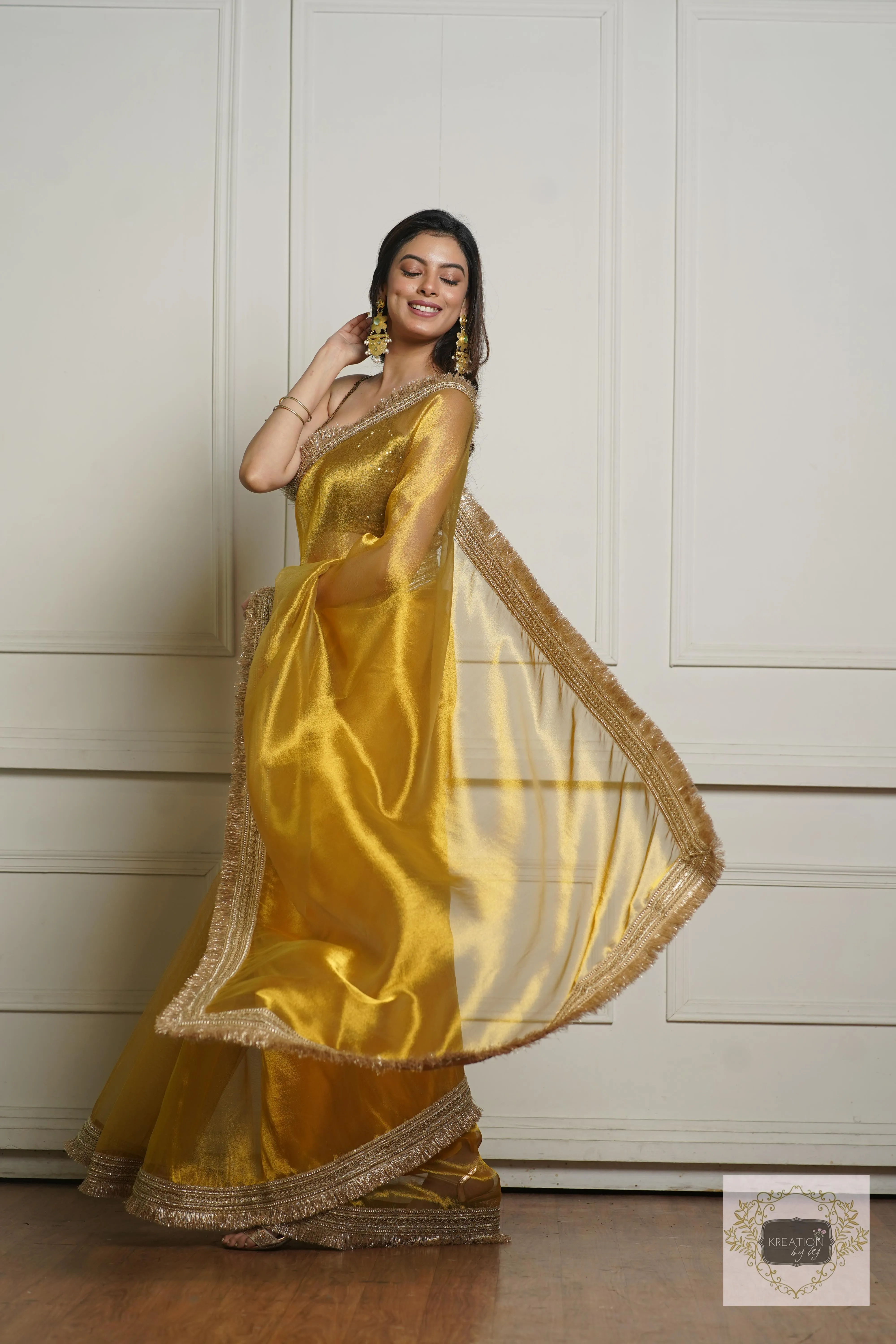 Golden Yellow Zari Tissue Banno Saree