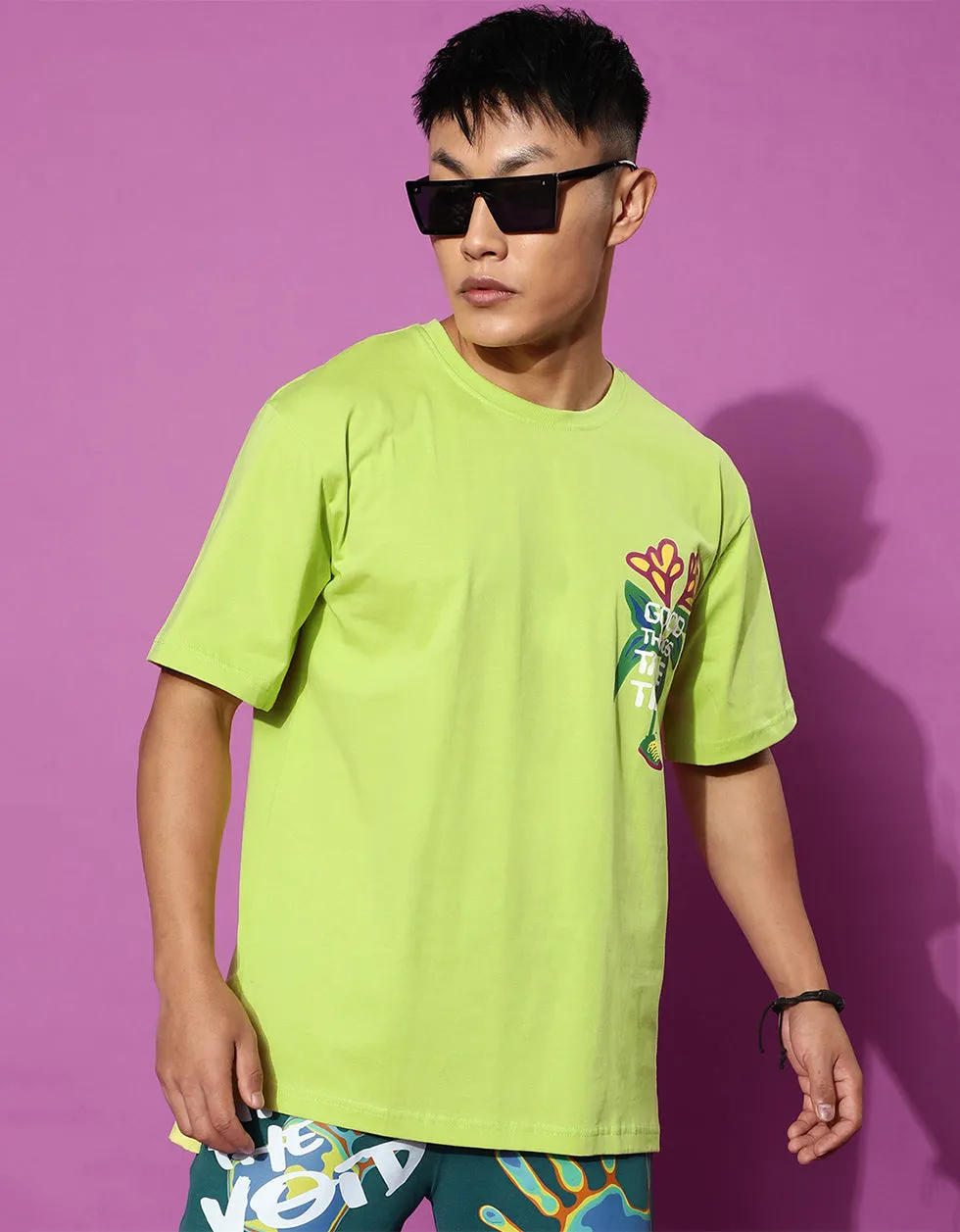 Good Things Green Oversized Pocket Graphic Printed Tshirt