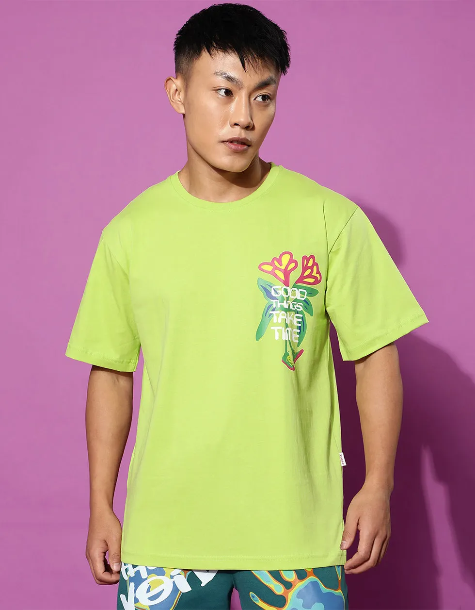 Good Things Green Oversized Pocket Graphic Printed Tshirt