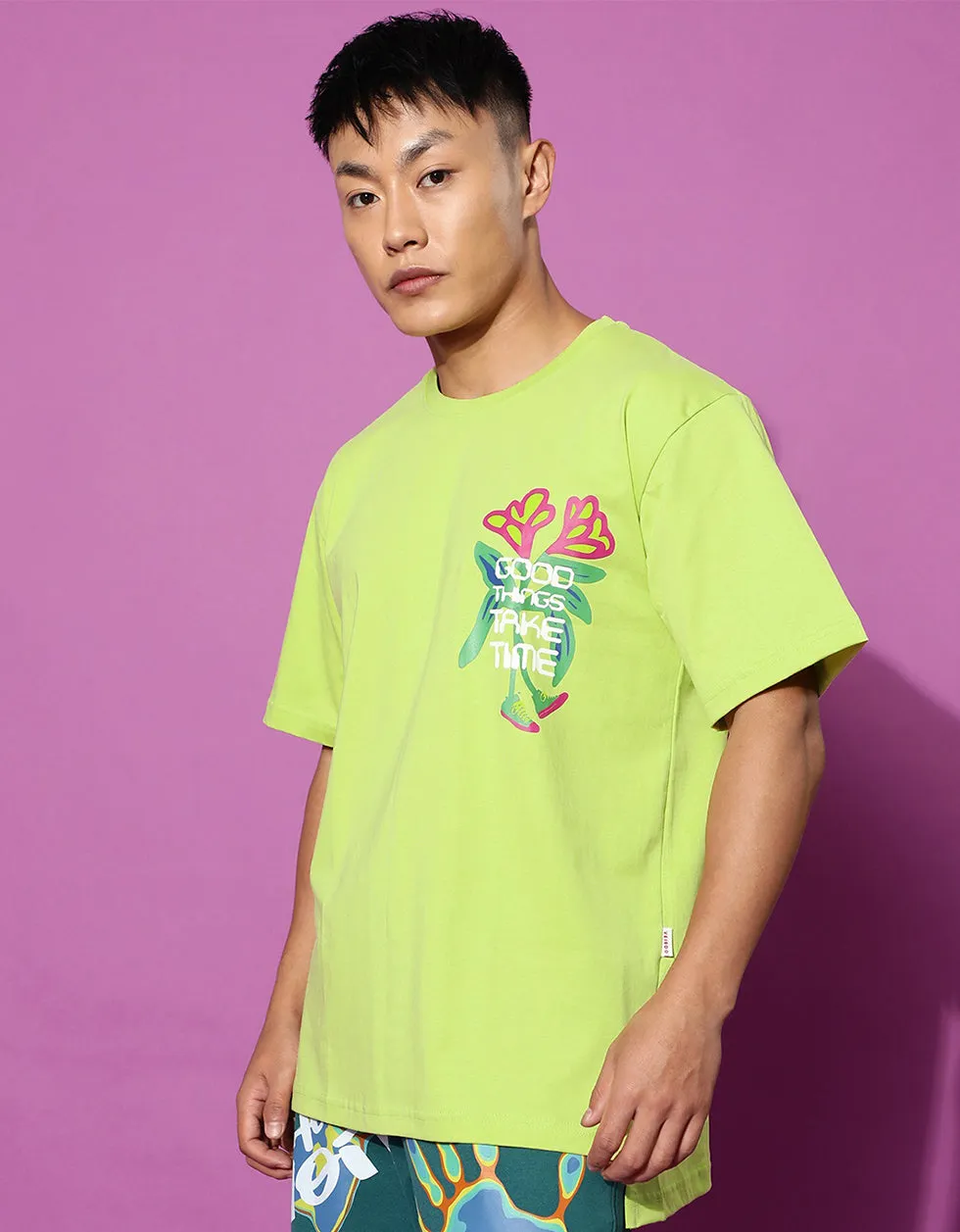 Good Things Green Oversized Pocket Graphic Printed Tshirt