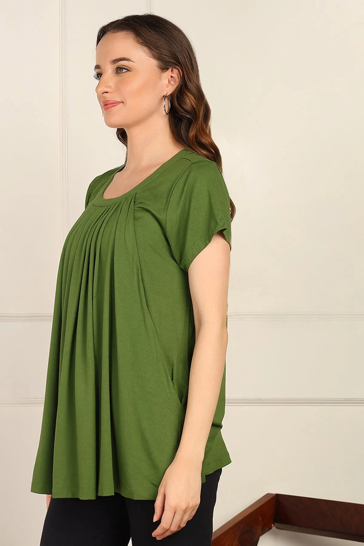 Green Pleated Zipless Nursing Top