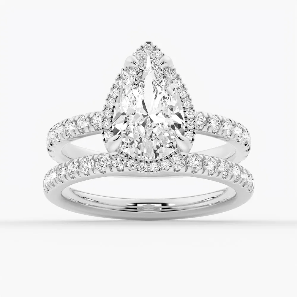 Half Eternity Pear Shaped Moissanite Halo Engagement Ring