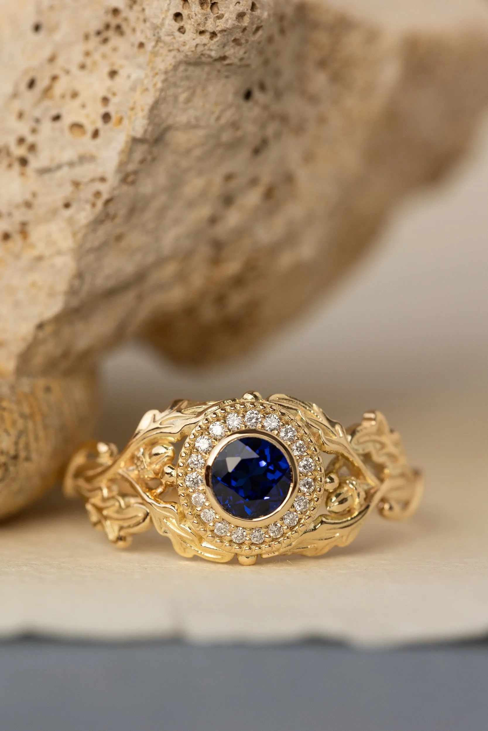 Halo diamond and lab blue sapphire engagement ring, celtic ring with oak leaves and diamonds / Dair