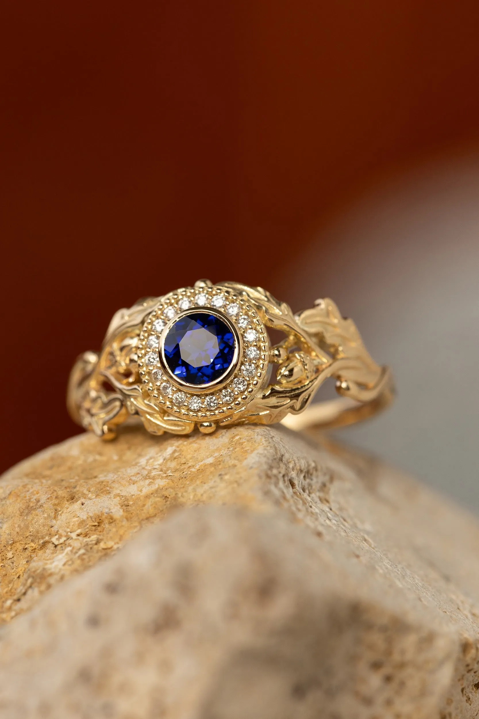 Halo diamond and lab blue sapphire engagement ring, celtic ring with oak leaves and diamonds / Dair