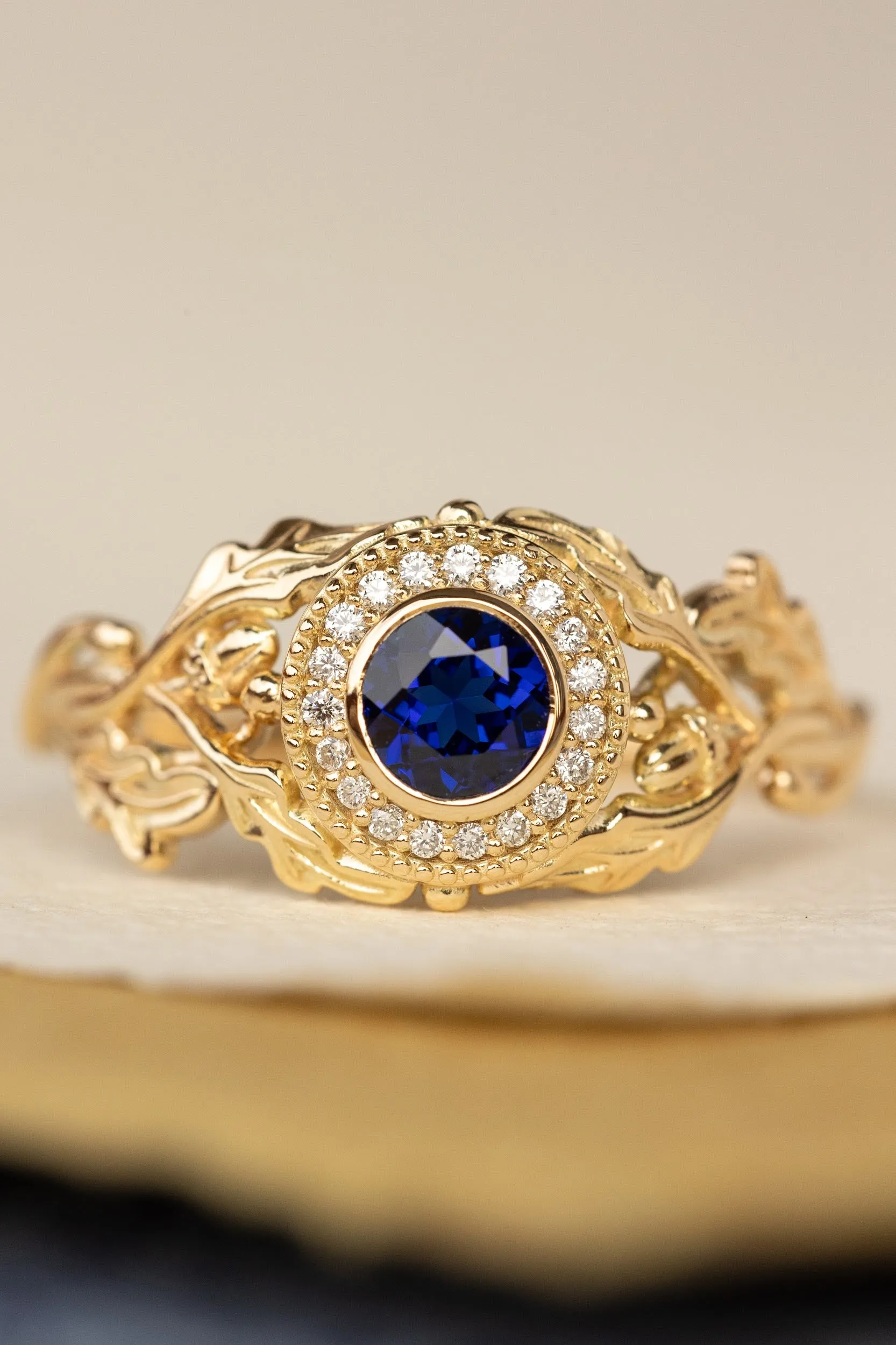 Halo diamond and lab blue sapphire engagement ring, celtic ring with oak leaves and diamonds / Dair