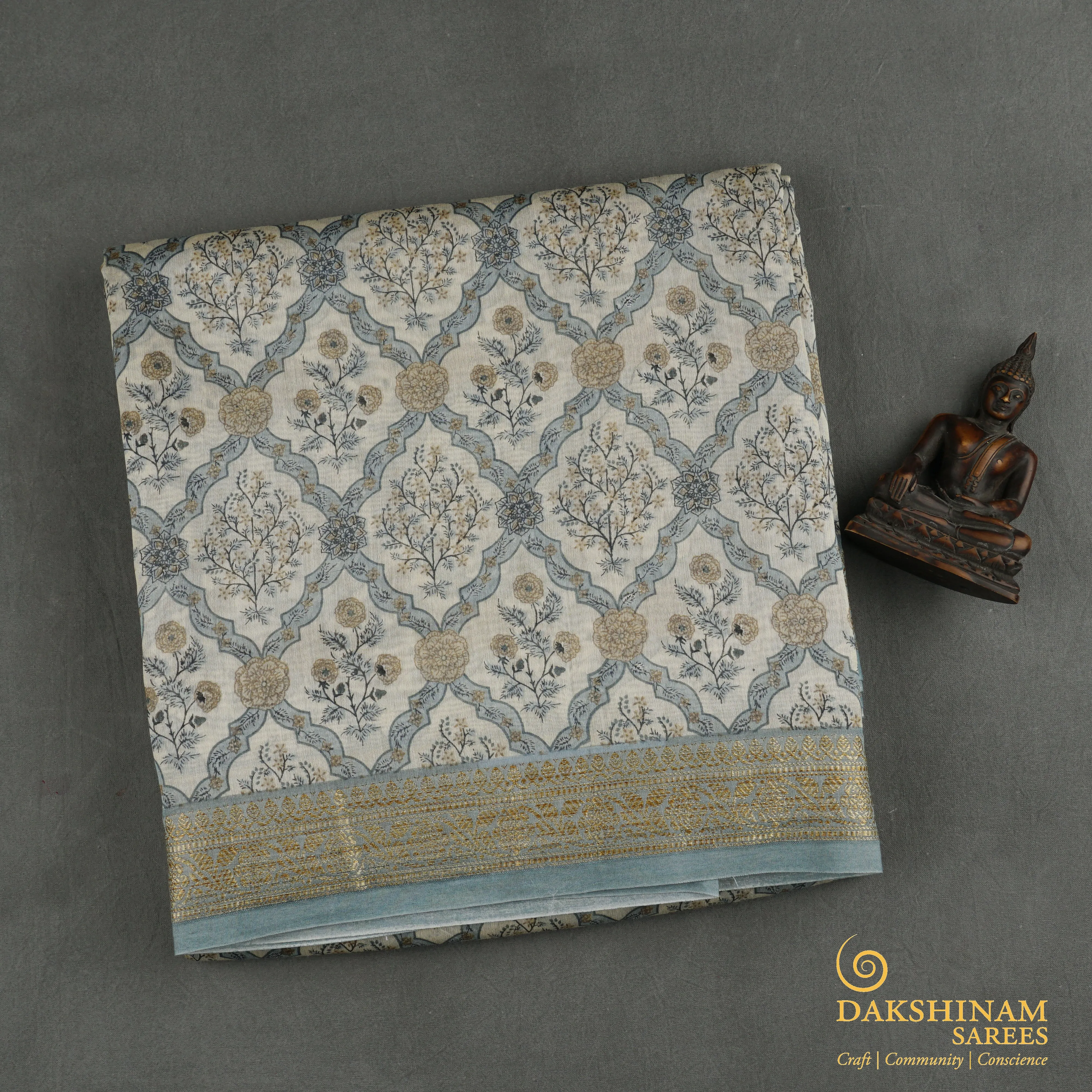 Handwoven Cream with Blue Grey Printed Chanderi Silk Saree - 1773T008400DSC