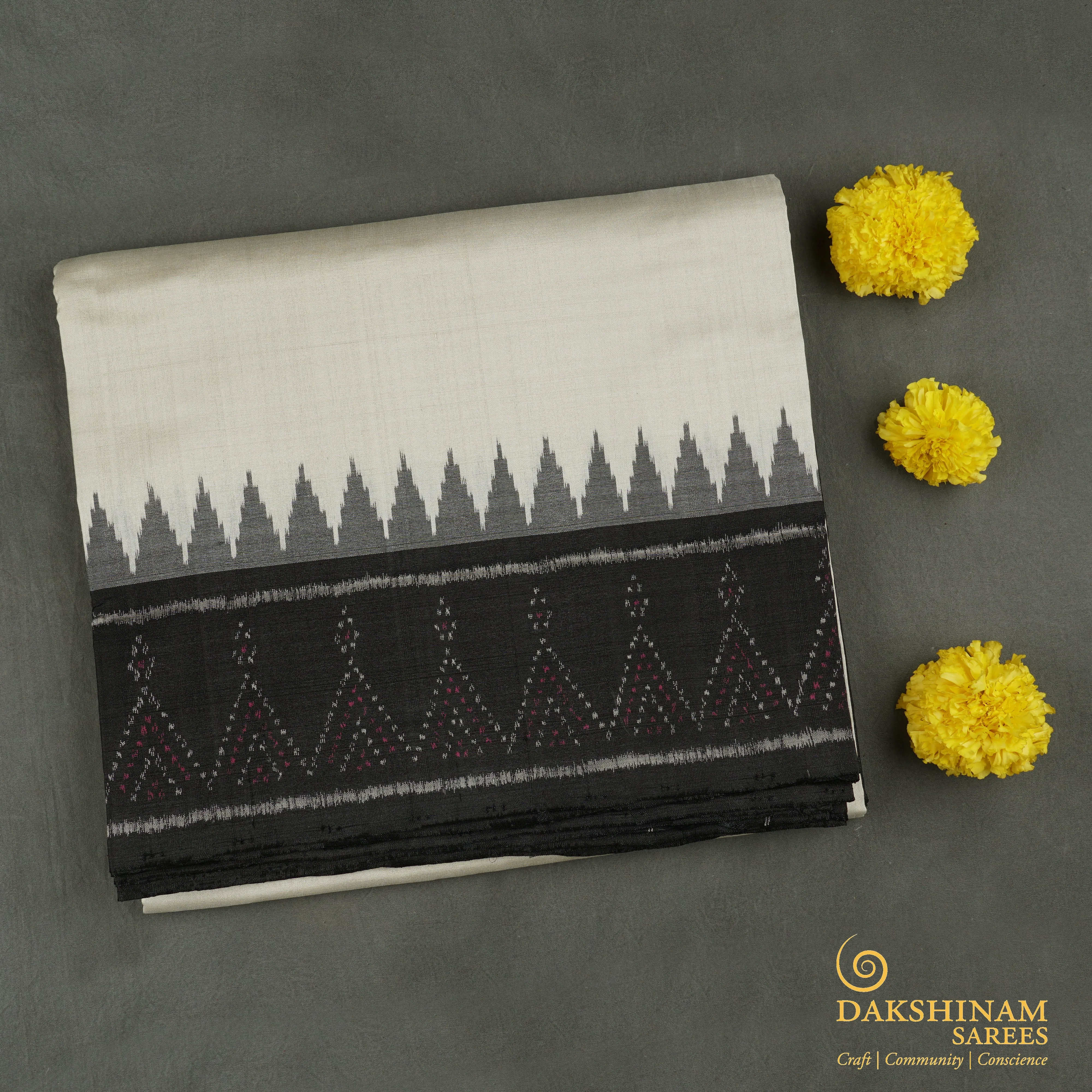 Handwoven Off-white with Black Ikkat Silk Saree - 1769T008379DSC