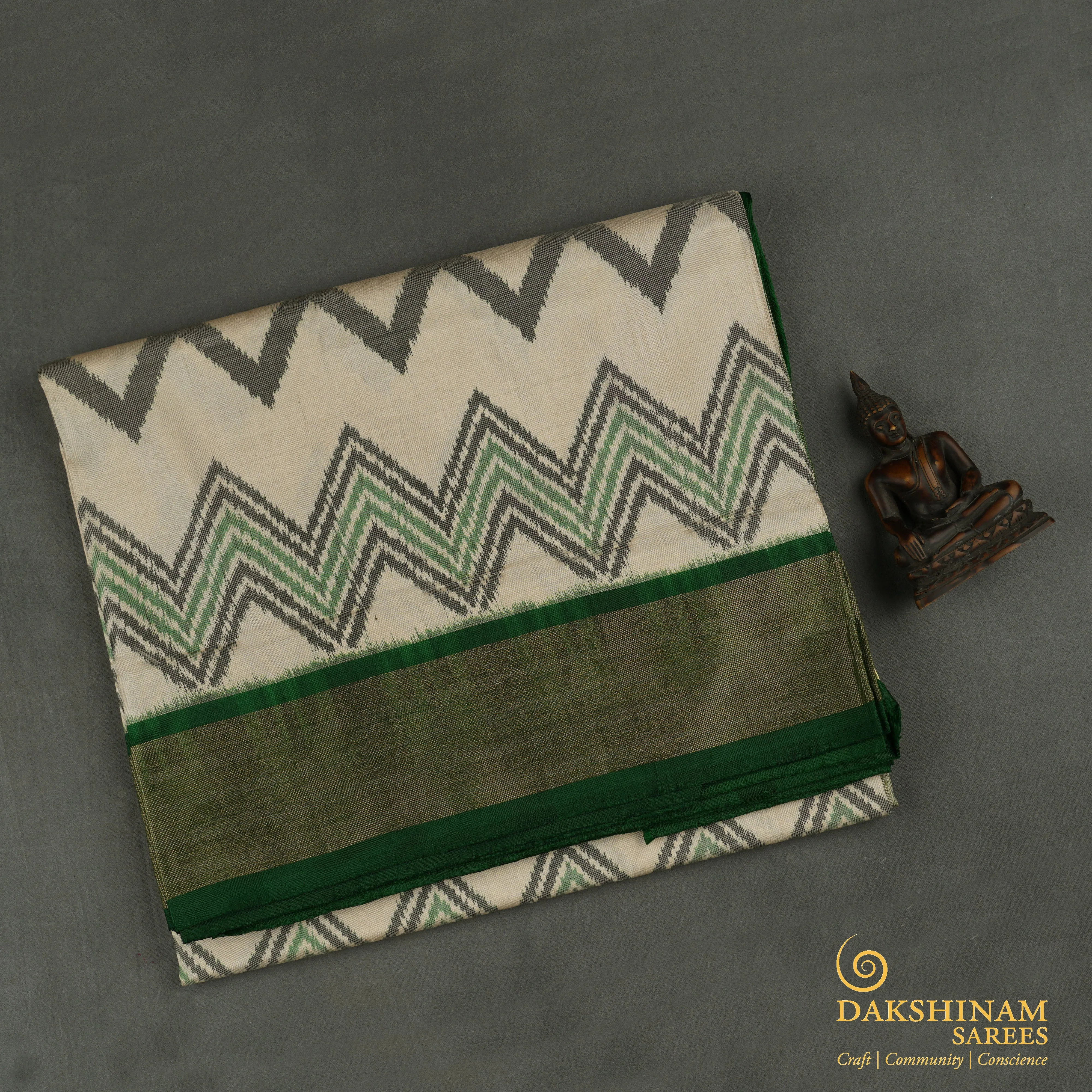 Handwoven Off-white with Green Ikkat Silk Saree - 1771N010344DSC