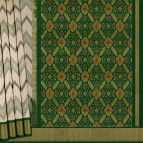 Handwoven Off-white with Green Ikkat Silk Saree - 1771N010344DSC