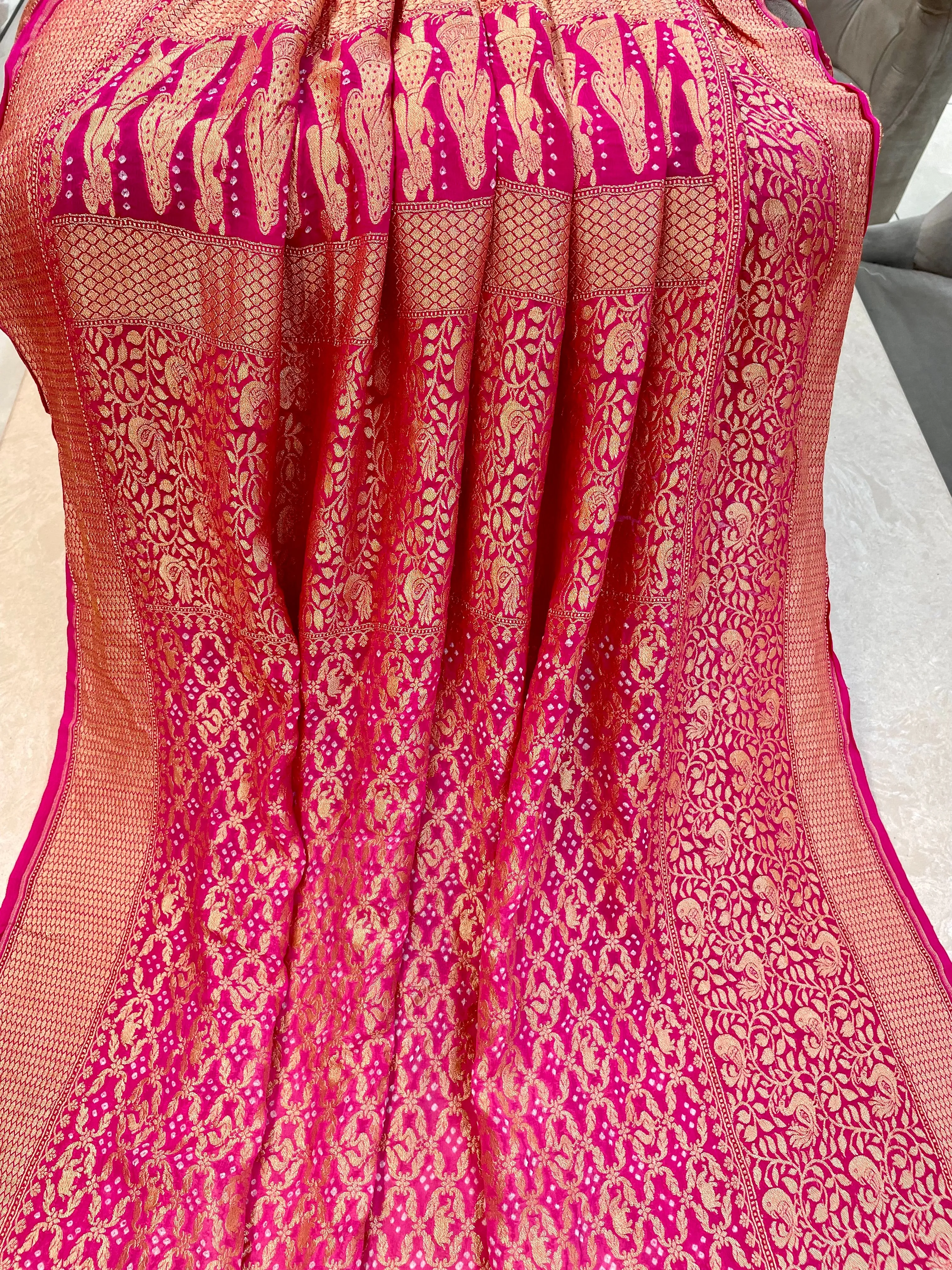 Handwoven Pure Bandhani Banarasi Pink Saree Blouse