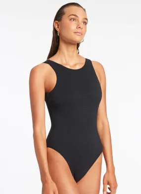 Isla Rib High Neck One Piece - Black