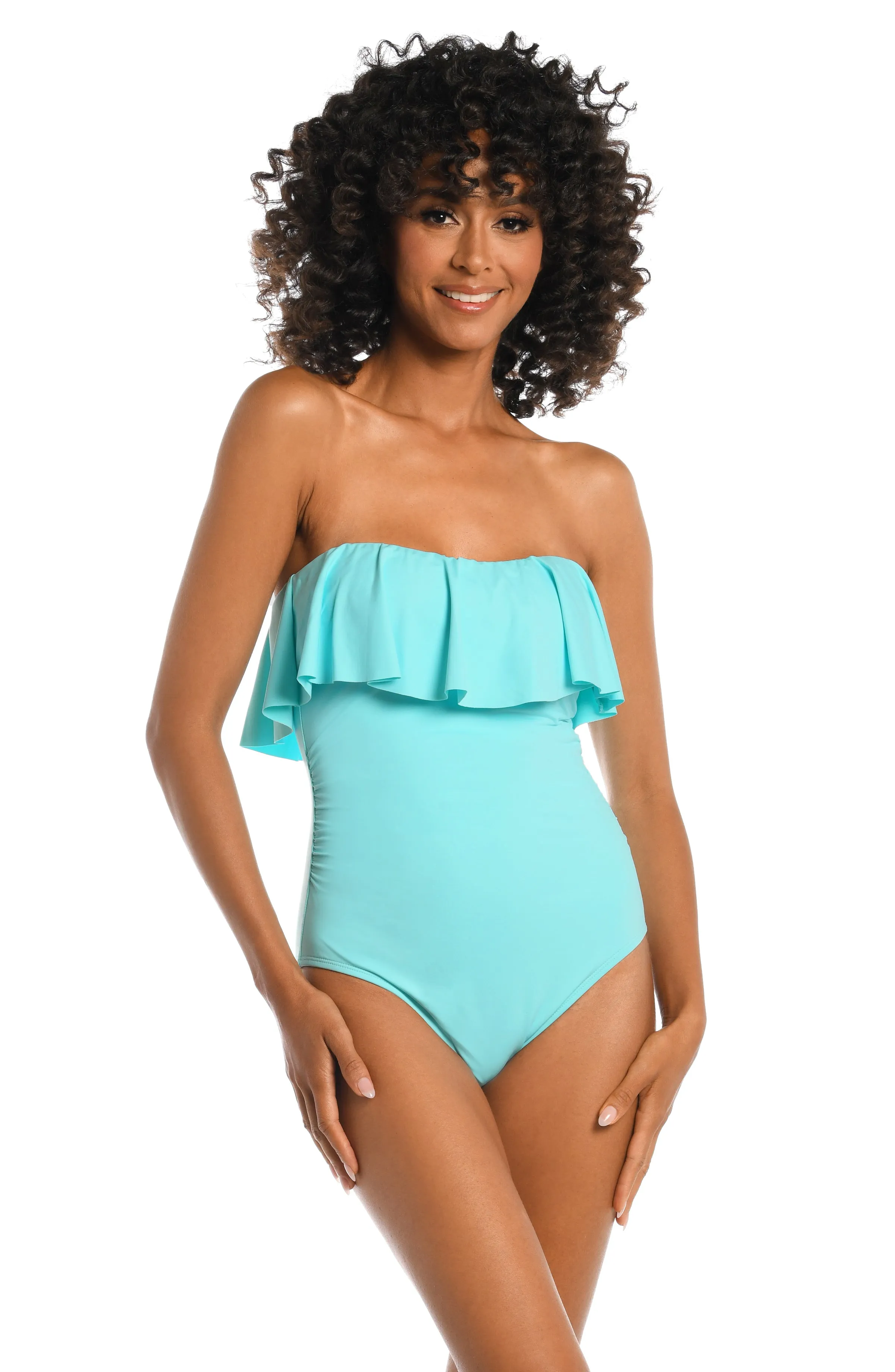 Island Goddess Ruffled Bandeau One Piece - Ice Blue - FINAL SALE