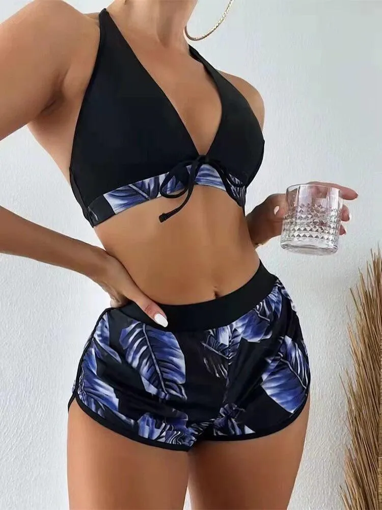 Karibisches Bikini-Unterteil-Set mit hoher Taille und Neckholder und vollständiger Abdeckung