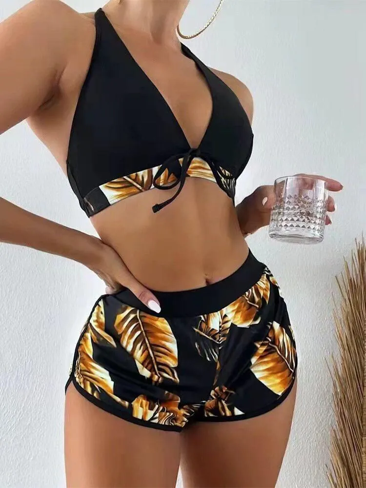 Karibisches Bikini-Unterteil-Set mit hoher Taille und Neckholder und vollständiger Abdeckung