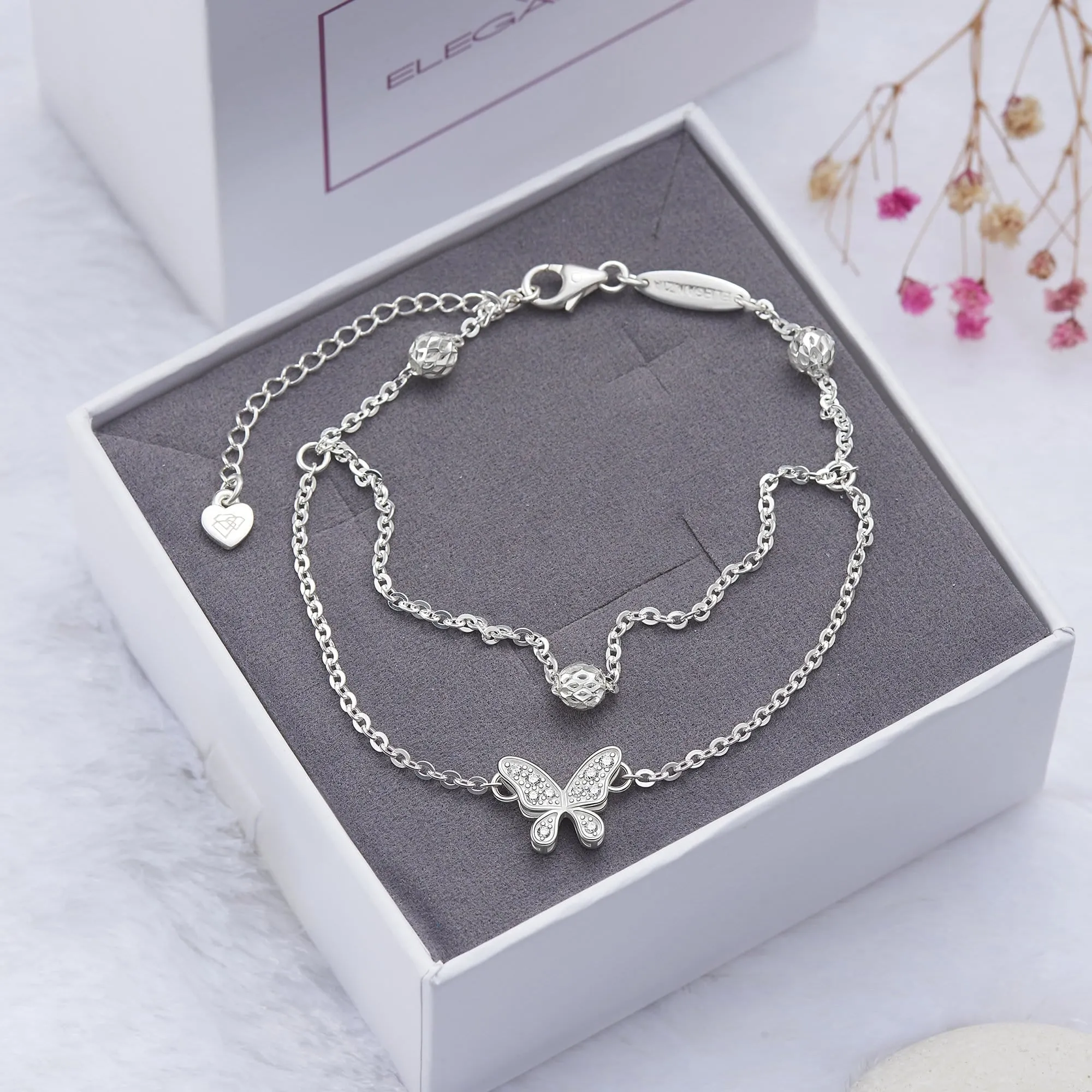 Layered CZ Butterfly Ankle Bracelet Sterling Silver