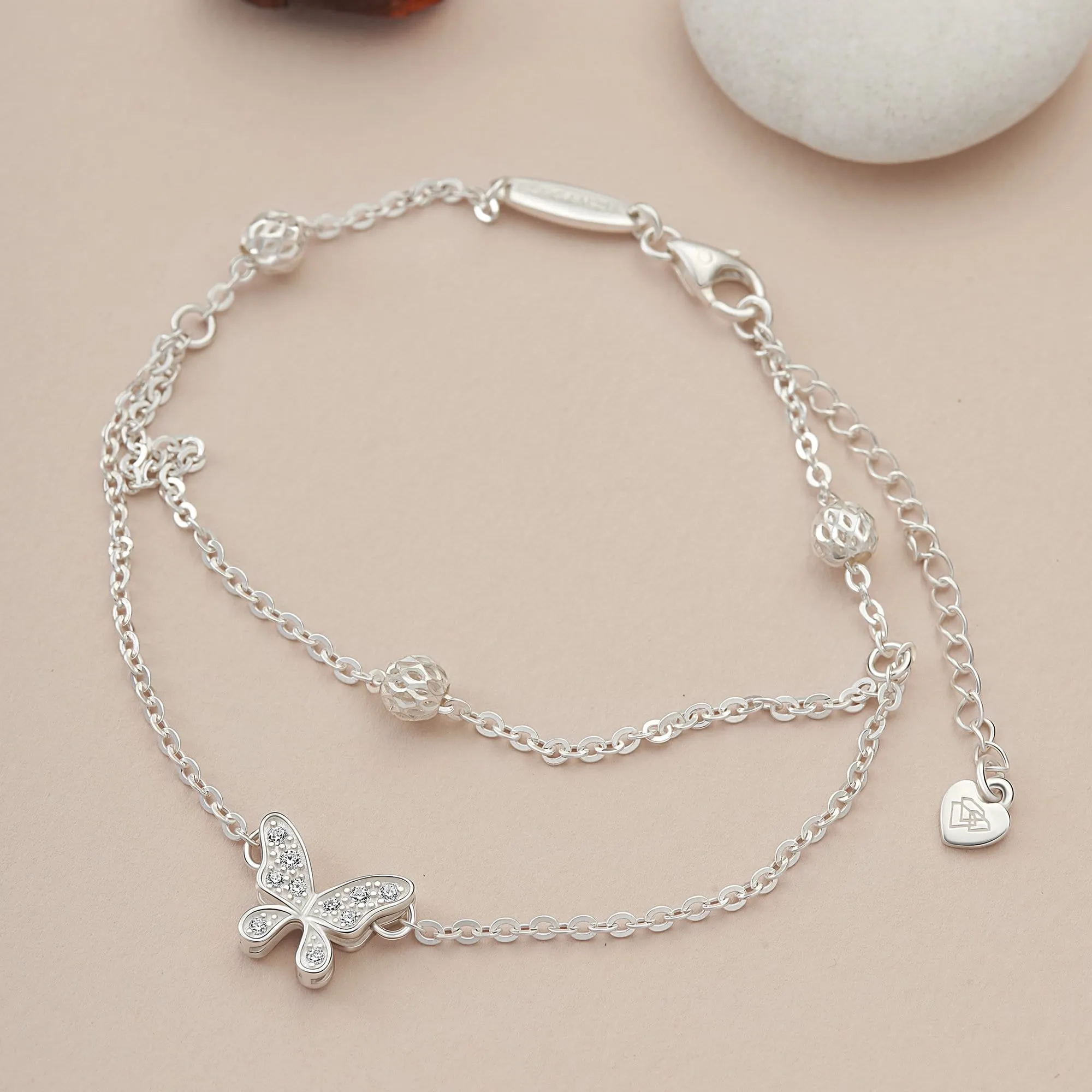 Layered CZ Butterfly Ankle Bracelet Sterling Silver