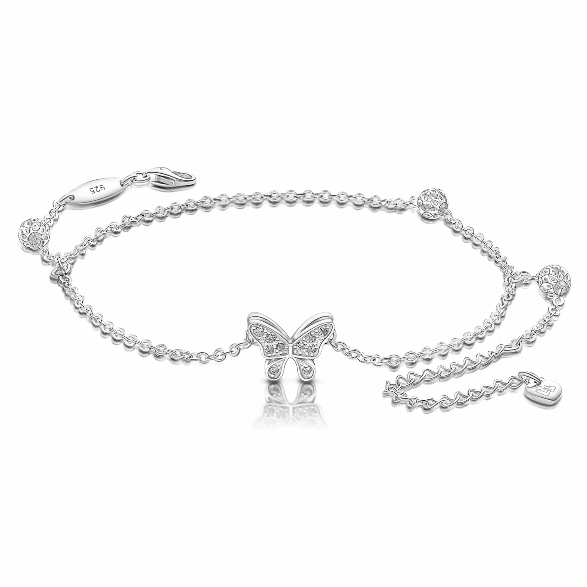 Layered CZ Butterfly Ankle Bracelet Sterling Silver