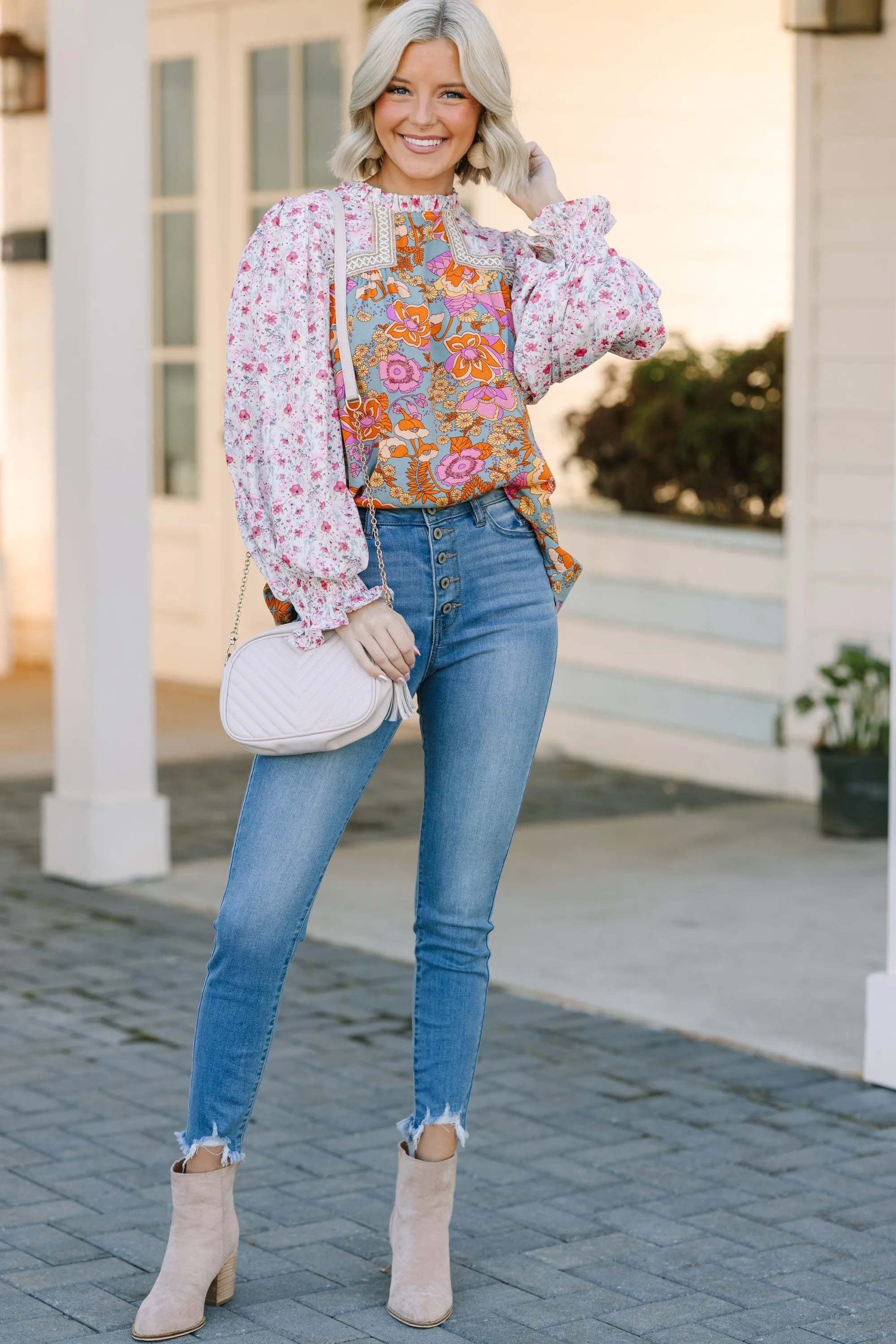 Let's Be Clear Dusty Sage Floral Blouse